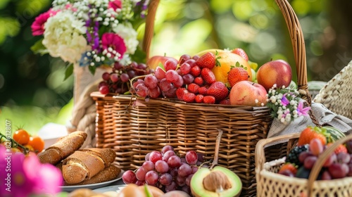 A basket of fruit and bread is on a table