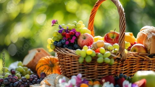 A basket of fruit and bread is on a table