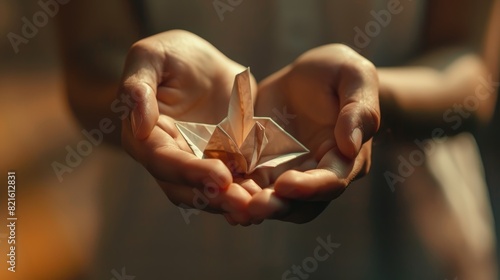 A close-up of strong, calloused hands holding a delicate origami masterpiece, showcasing skill and dedication photo