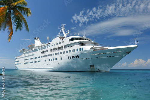 Luxury white cruise ship traveling with speed over blue ocean with copy space in clear sky with a palm tree in background 