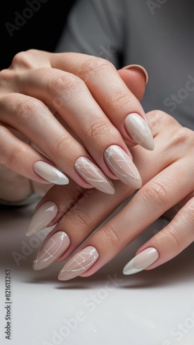  Close-up of glossy manicured hands with elegant  pale-colored nails  emphasizing a polished and sophisticated look.