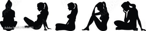 set of silhouette sitting women on transparent background, vector design