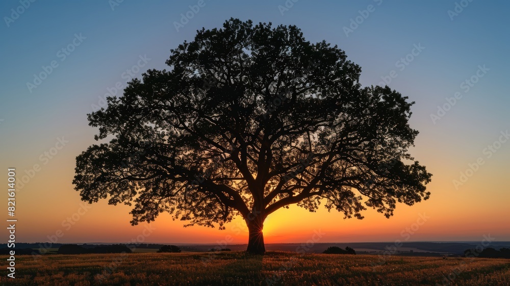 A majestic tree standing alone in a field with a vibrant sunset in the background, casting a warm glow over the landscape.