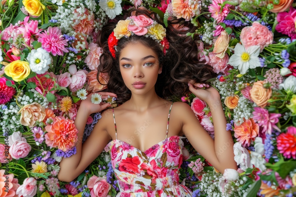 Captivating portrait of a young woman surrounded by an explosion of vibrant and pastel flowers, highlighting her natural beauty and serene expression Captivating portrait of a young woman surrounded by an explosion of vibrant and pastel flowers, highlighting her natural beauty and serene expression