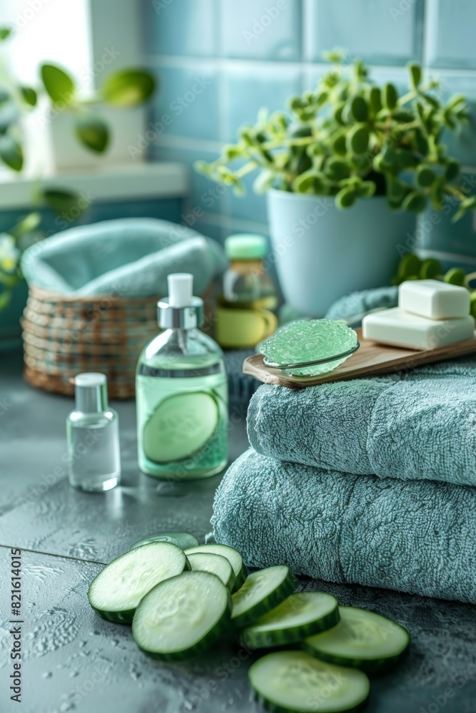 A serene spa setup with bath towels, cucumber slices, soap, lotion, and a potted plant on a marble surface for a refreshing self-care experience. A serene spa setup with bath towels, cucumber slices, soap, lotion, and a potted plant on a marble surface for a refreshing self-care experience.