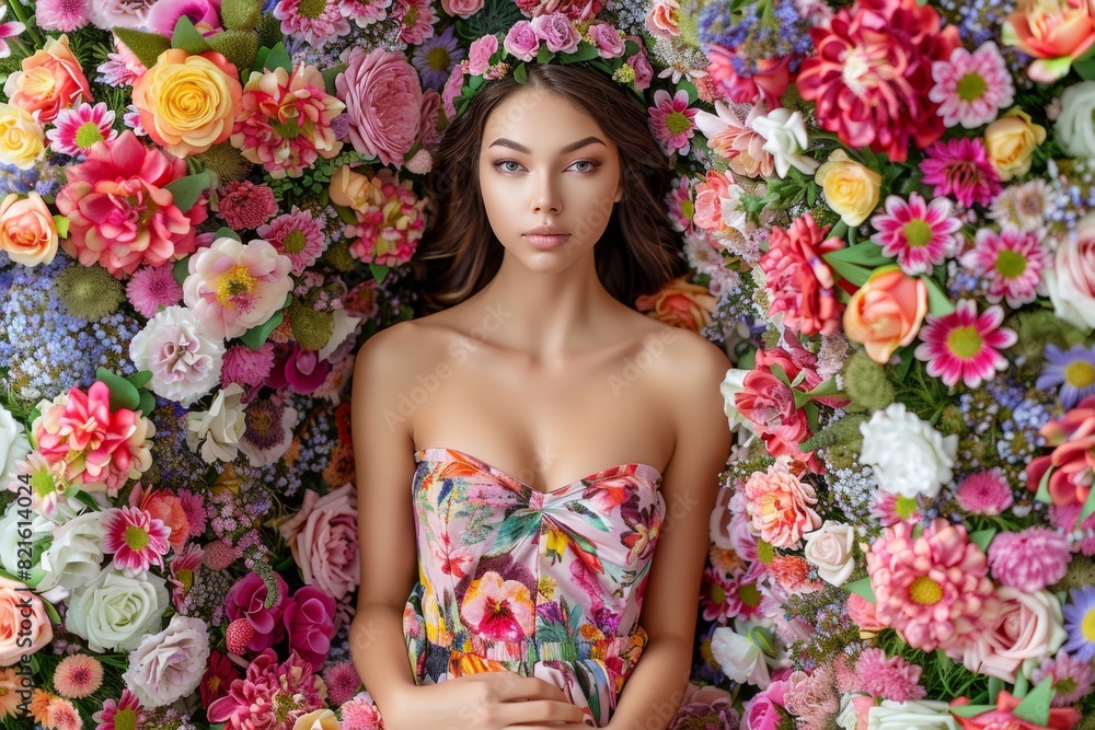 Stunning portrait of a young woman surrounded by an abundance of pastel-colored roses, showcasing her elegance and natural beauty. Stunning portrait of a young woman surrounded by an abundance of pastel-colored roses, showcasing her elegance and natural beauty.