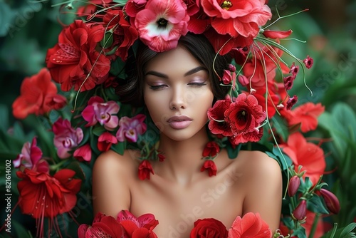Exquisite portrait of a young woman adorned with vibrant red flowers, surrounded by lush greenery and blooming petals.