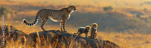 A mother cheetah with her cubs, all standing on the grassy plains of the Serengeti National Park in Tanzania photo