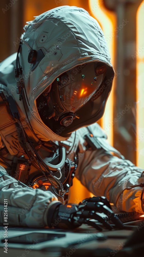 Futuristic astronaut working on a high-tech device in a space station with vibrant orange lights. Concept of advanced space exploration technology. Futuristic astronaut working on a high-tech device in a space station with vibrant orange lights. Concept of advanced space exploration technology.