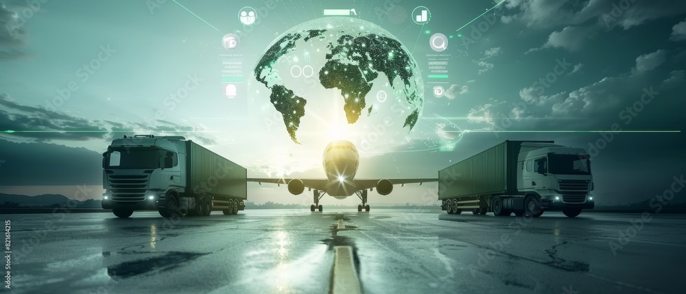Fototapeta premium Global Logistics Concept with Trucks and Airplane.