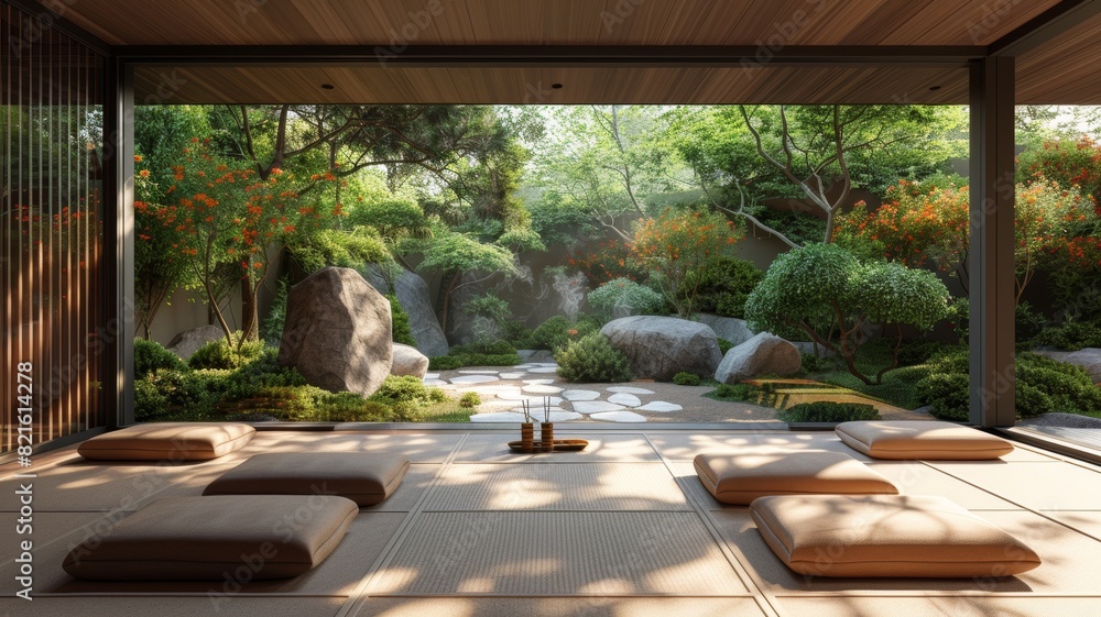 Fototapeta premium Minimalist Japanese zen garden view from traditional tea room with cushions, rocks, and lush greenery.