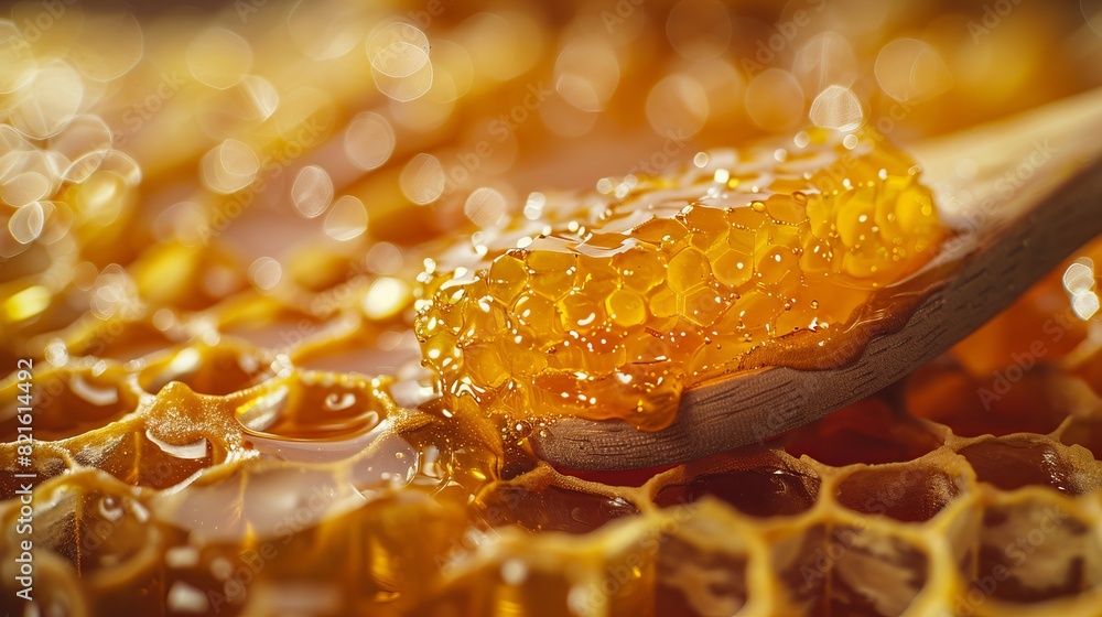 Close-up of honeycomb dripping with honey, wooden spoon nearby, organic and golden, natural health ingredient, vibrant yellow liquid, isolated background Close-up of honeycomb dripping with honey, wooden spoon nearby, organic and golden, natural health ingredient, vibrant yellow liquid, isolated background