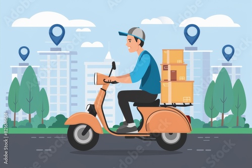 Vector illustration of a delivery man riding a scooter with boxes on the rear, cityscape in the background