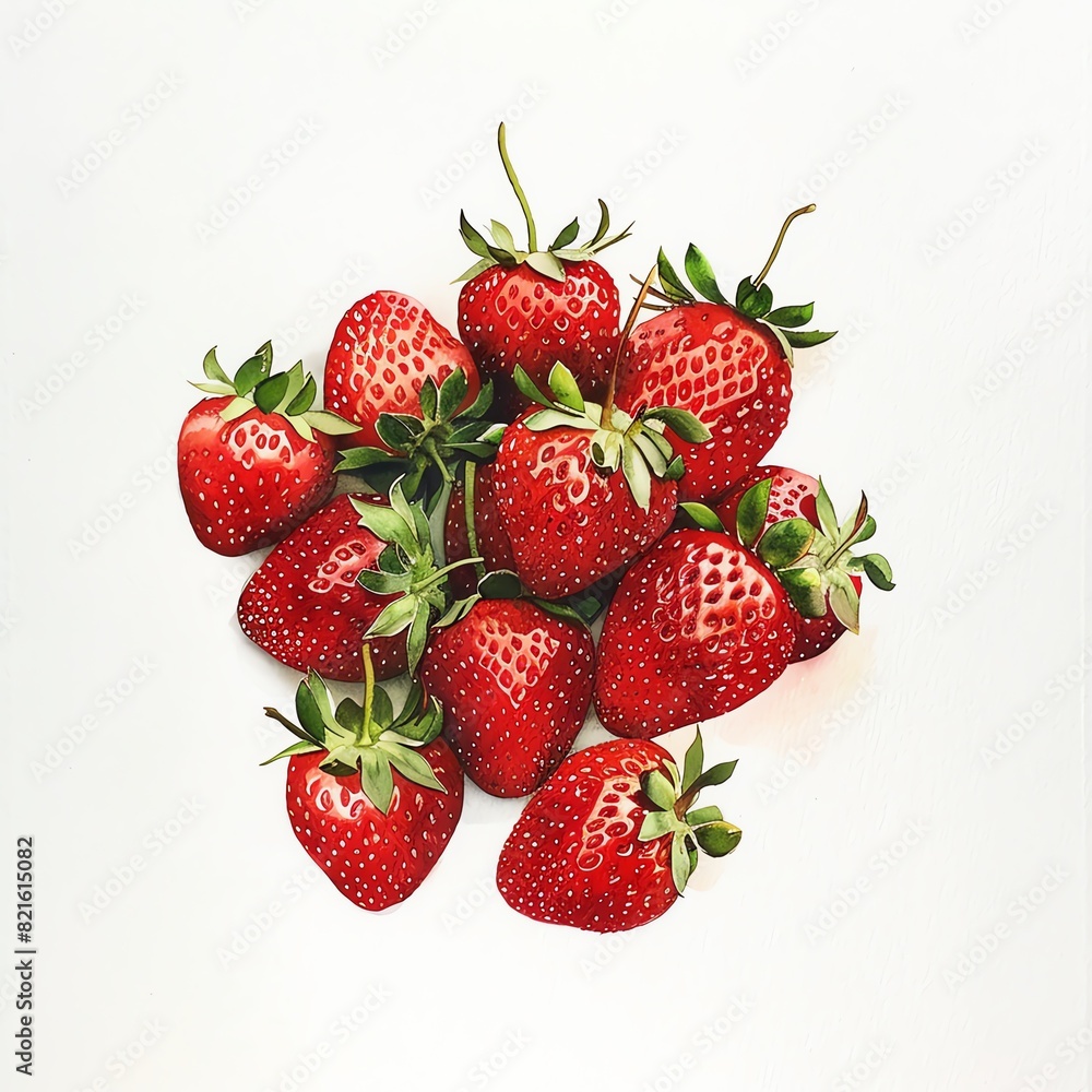 A bunch of fresh, ripe strawberries with green leaves arranged on a white background. Perfect for summer themes and healthy eating concepts. A bunch of fresh, ripe strawberries with green leaves arranged on a white background. Perfect for summer themes and healthy eating concepts.