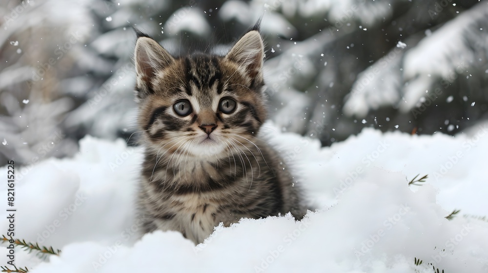 a cute kitten sitting outdoors looking at the camera, surrounded by snow