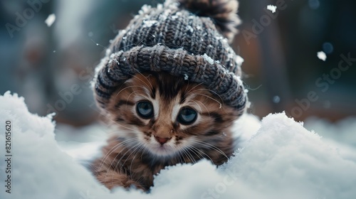 a cute kitten sitting outdoors looking at the camera, surrounded by snow