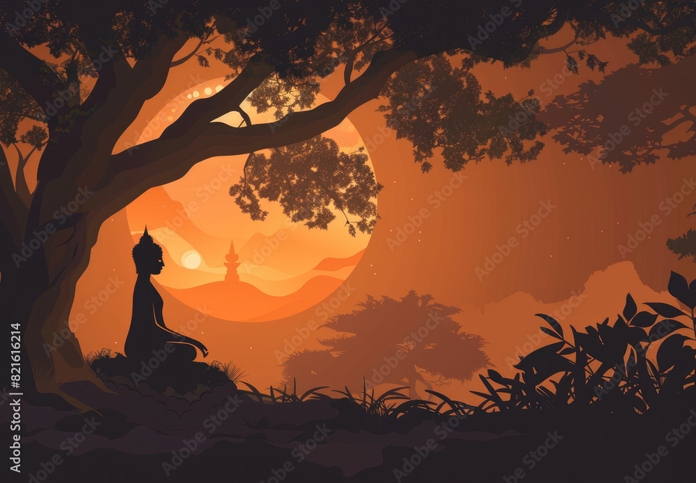 A silhouette of Buddha teaching to a group of people under a tree