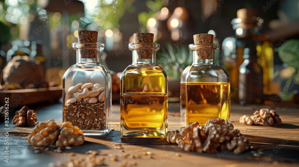 Assortment of oils such as flaxseed oil, hemp oil, and walnut oil in elegant glass bottles, arranged on a wooden table, digital art, high detail, warm tones Assortment of oils such as flaxseed oil, hemp oil, and walnut oil in elegant glass bottles, arranged on a wooden table, digital art, high detail, warm tones