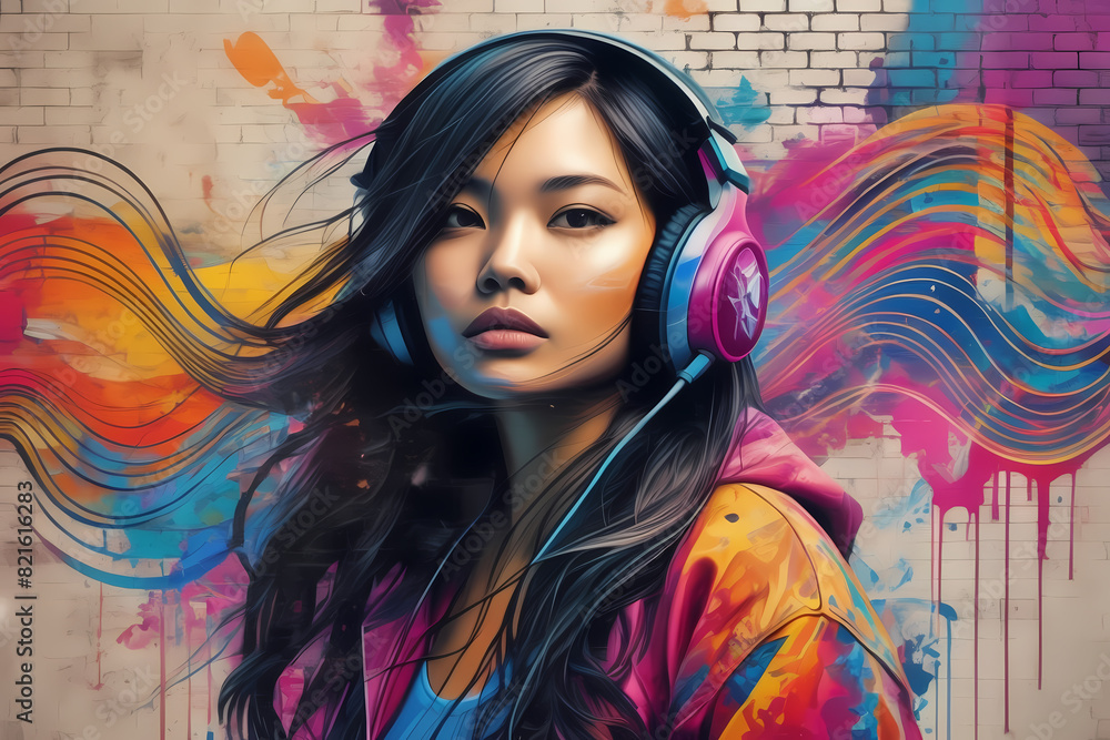 A bold graffiti-style mural portrays a young girl enveloped in a riot of colors and waves, capturing the raw energy and expressive freedom of street art. A bold graffiti-style mural portrays a young girl enveloped in a riot of colors and waves, capturing the raw energy and expressive freedom of street art.
