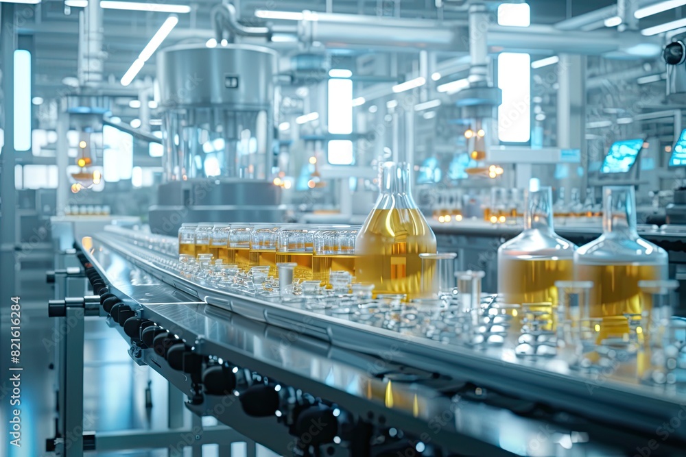 High-tech manufacturing plant with biotechnology lab equipment modules on a conveyor. High-tech manufacturing plant with biotechnology lab equipment modules on a conveyor.