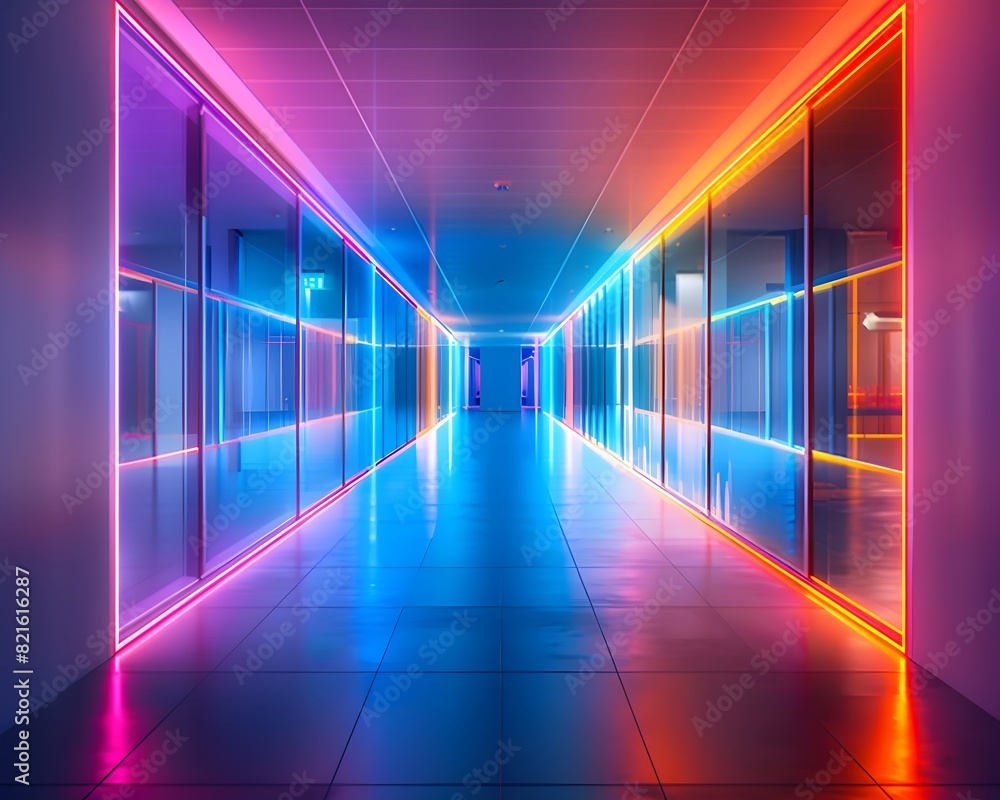 Illuminated Neon Lit Corridor in a Contemporary Office Building Leading to Bright Meeting Rooms with Captivating Geometric Lighting Design Illuminated Neon Lit Corridor in a Contemporary Office Building Leading to Bright Meeting Rooms with Captivating Geometric Lighting Design