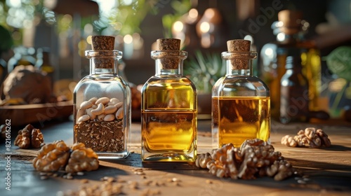 Assortment of oils such as flaxseed oil, hemp oil, and walnut oil in elegant glass bottles, arranged on a wooden table, digital art, high detail, warm tones