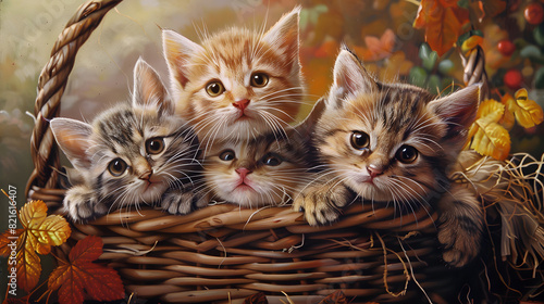 Wallpaper Mural A painting of four kittens in a basket with leaves and apples Torontodigital.ca