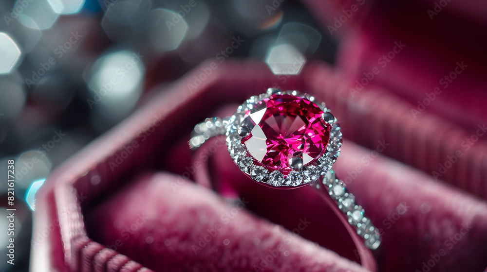 A red diamond ring is set in a velvet box A red diamond ring is set in a velvet box