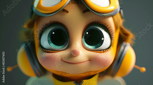 A cartoon character with yellow and orange colors and goggles on his head
