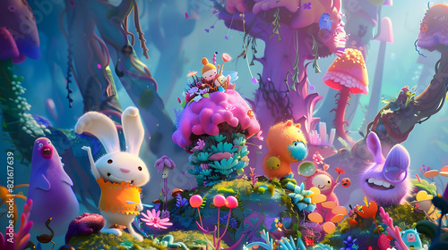 A colorful cartoon scene with a group of animals, including rabbits, bears