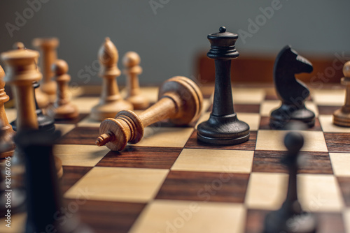 A wooden chessboard with pieces. Checkmate and the fall of the king by white