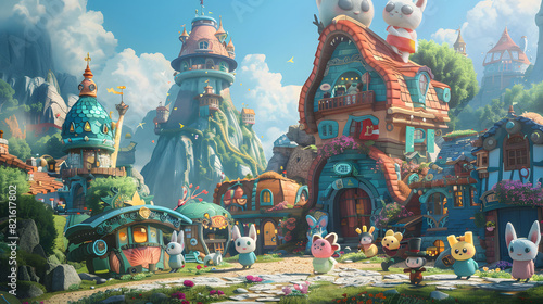 A colorful cartoon scene with a large building in the background