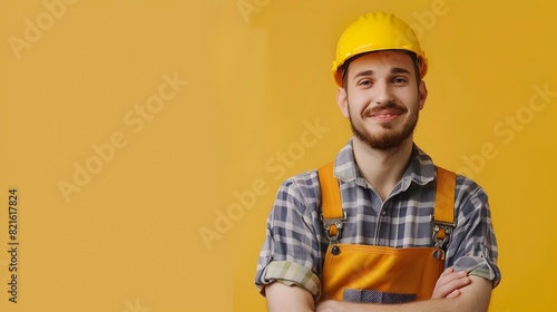 Cheerful Construction Worker in Safety Gear Posing on Colorful Background © Thipphaphone