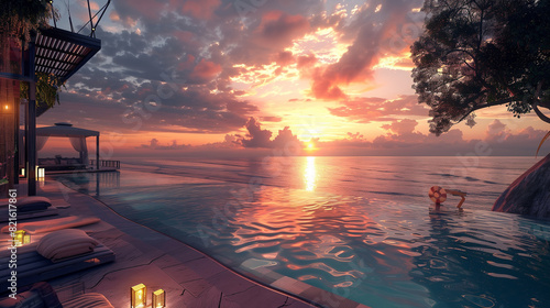 Luxury Resort Pool at Sunset, Generative AI photo