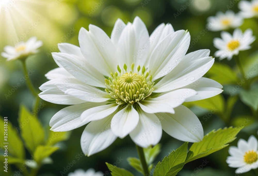 Create a soft-focus illustration or photograph of a white flower against a green background. Create a soft-focus illustration or photograph of a white flower against a green background.