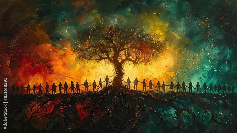 A conceptual painting of a tree with roots shaped like people holding hands, representing the strong foundation of democracy.