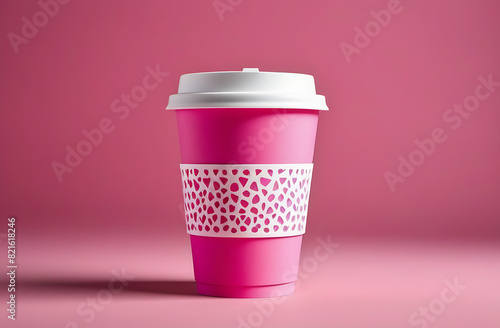 Stylish pink cup with a textured holder on a bright background. A creative concept of a cup with an animalistic leopard print.