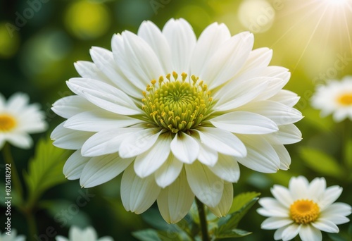 Create a soft-focus illustration or photograph of a white flower against a green background.