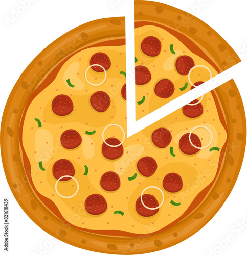 Pepperoni Pizza. Vector illustration of italian pizza. Pizza with pepperoni, vegetable, onion and cheese