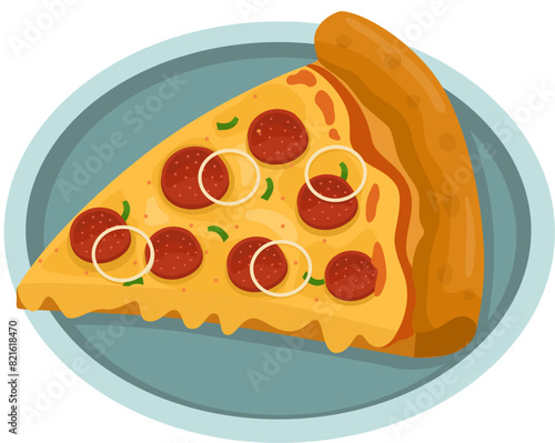 Pepperoni Pizza. Vector illustration of italian pizza. Pizza with pepperoni, vegetable, onion and cheese