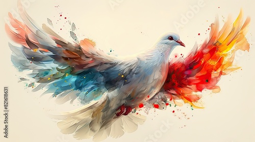 An illustration of a dove with wings made of colorful feathers, symbolizing peace and diversity in freedom. © Sang