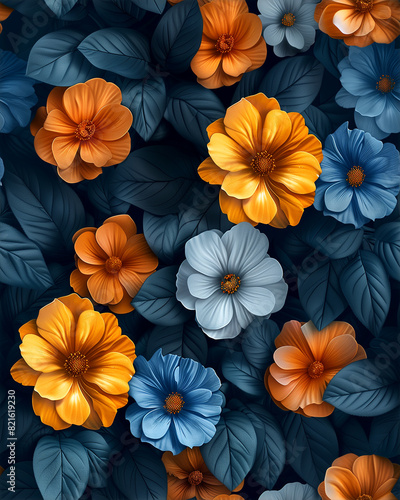 A colorful bouquet of flowers with blue and orange petals