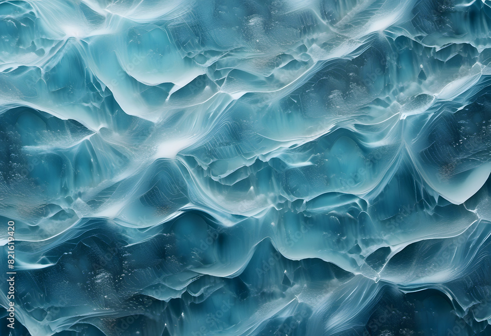 Obraz premium Abstract image depicting a close-up view of ice formations with a blue and white color palette. The texture and patterns resemble frozen waves or icy landscapes.