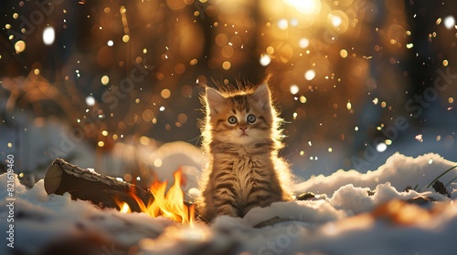 a cute kitten sitting outdoors looking at the camera, surrounded by snow