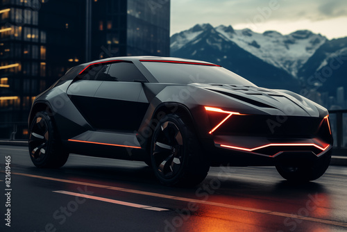 Black Futuristic Military-Style SUV Driving on the Road at Night - GENERATIVE AI
