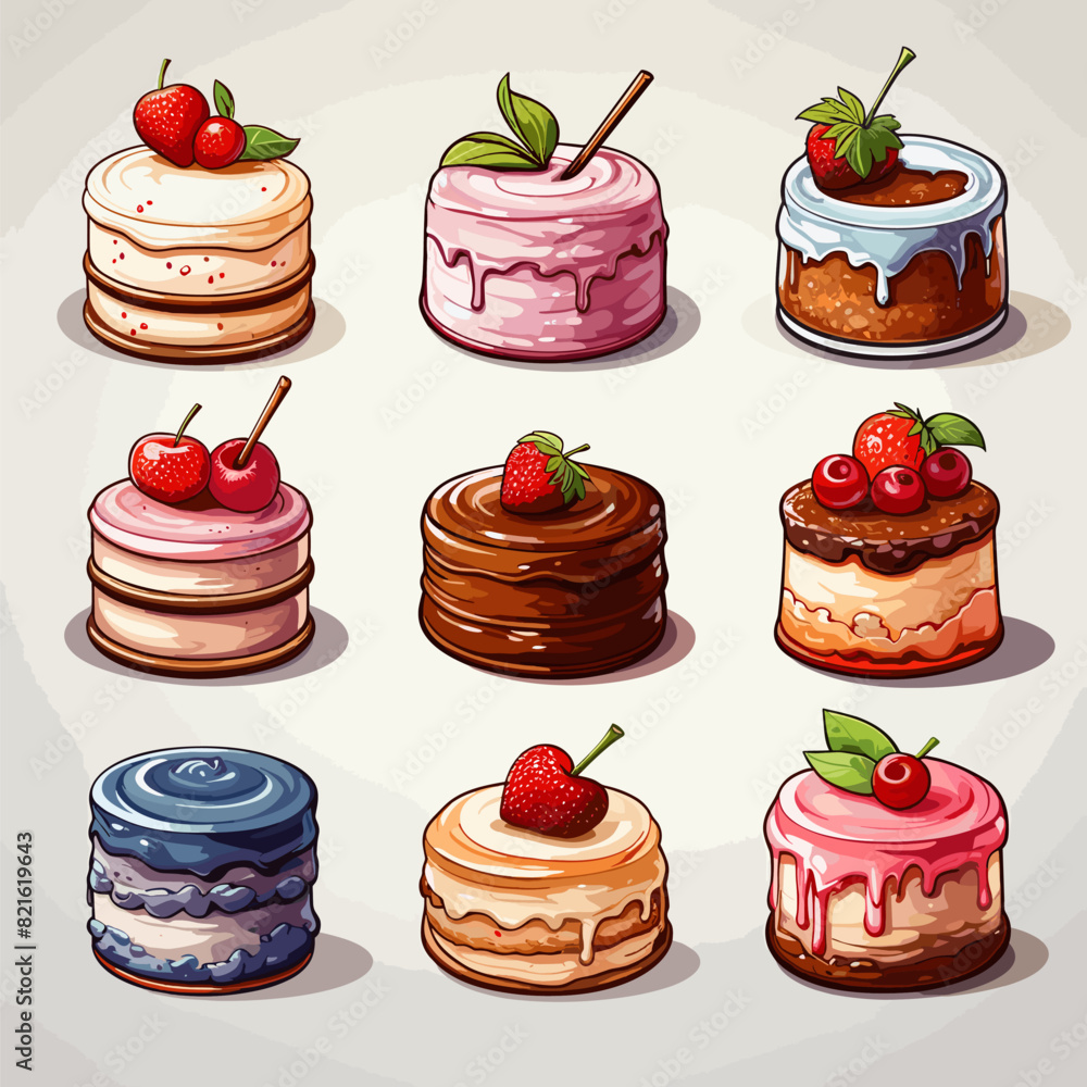 Cream cake tasty cakes vector set in cartoon style Cream cake tasty cakes vector set in cartoon style