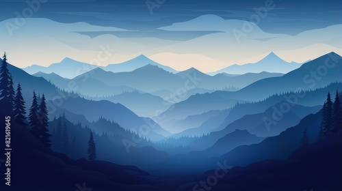 Illustration of a beautiful dark blue mountain landscape with fog and forest, capturing sunrise and sunset in the mountains