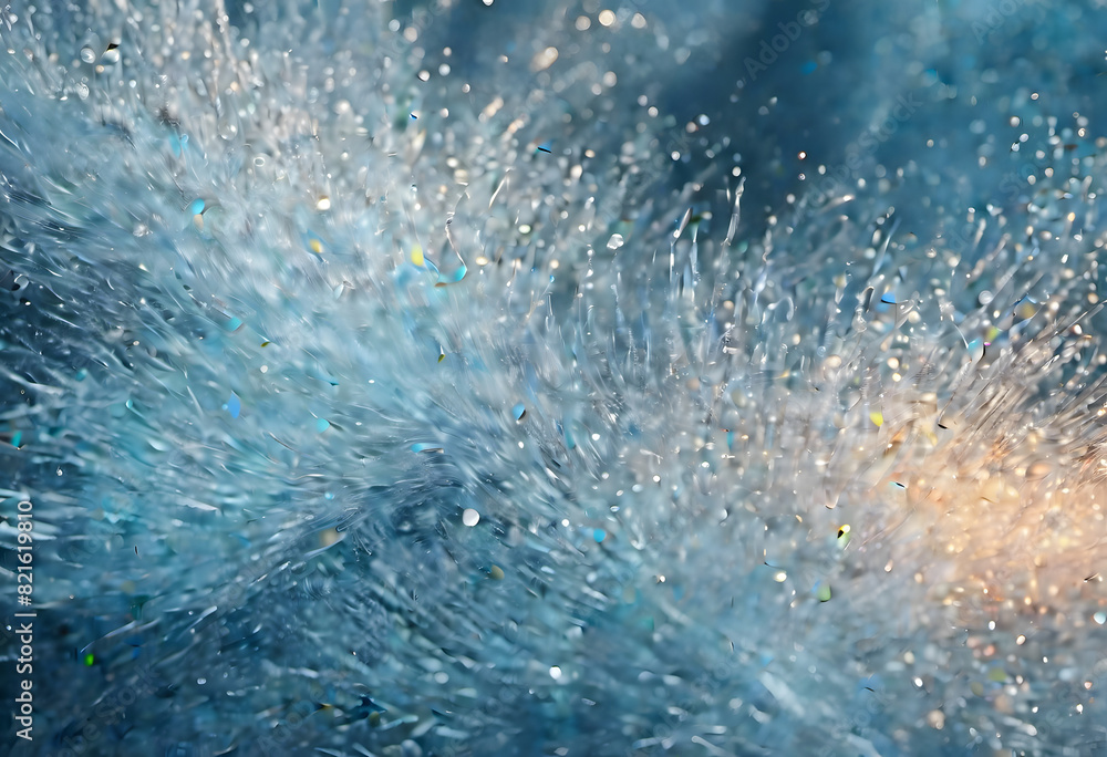Fototapeta premium Abstract close-up of shimmering blue and silver fibers with bokeh effect.