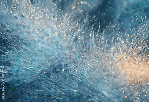 Abstract close-up of shimmering blue and silver fibers with bokeh effect.