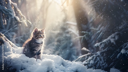 a cute kitten sitting outdoors looking at the camera, surrounded by snow photo
